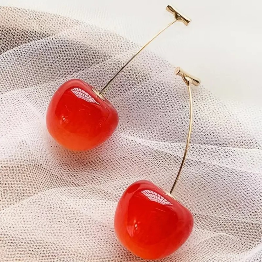 Earrings Cherry Red Drop Dangle 14K Gold Plated Ornament Bomb Sexy Glam Trendy - Picture 3 of 7